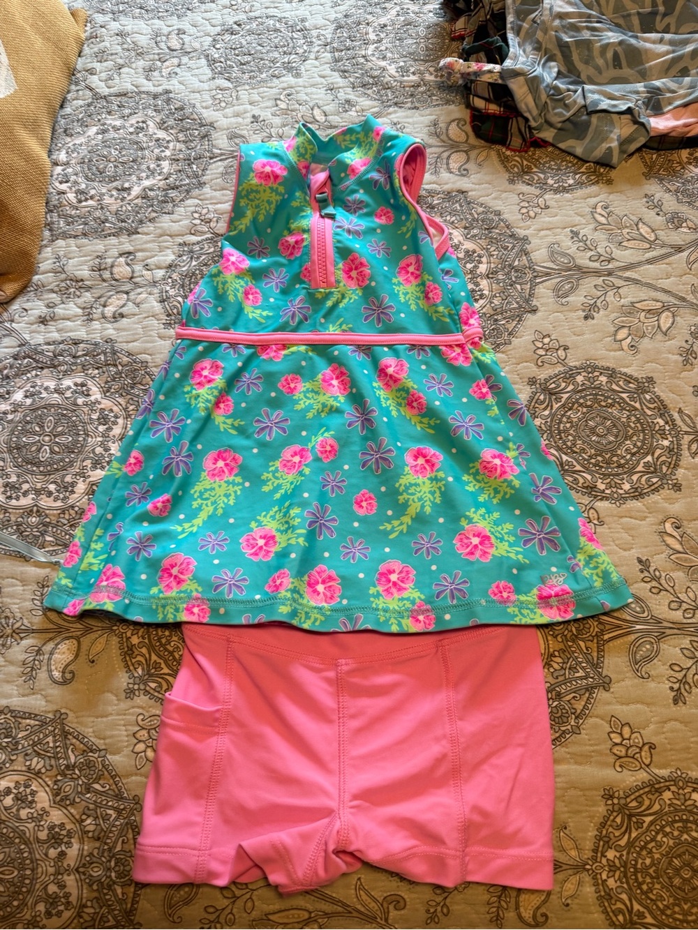 Ruffle Butts Teal & Pink Floral Swim Set
